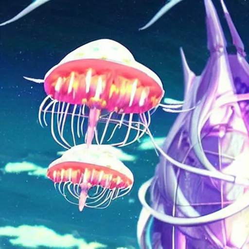 Image similar to A giant flying jellyfish spaceship, anime style