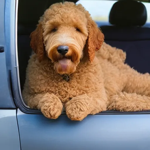 Image similar to a photo of a goldendoodle sleeping on the backseat of a car