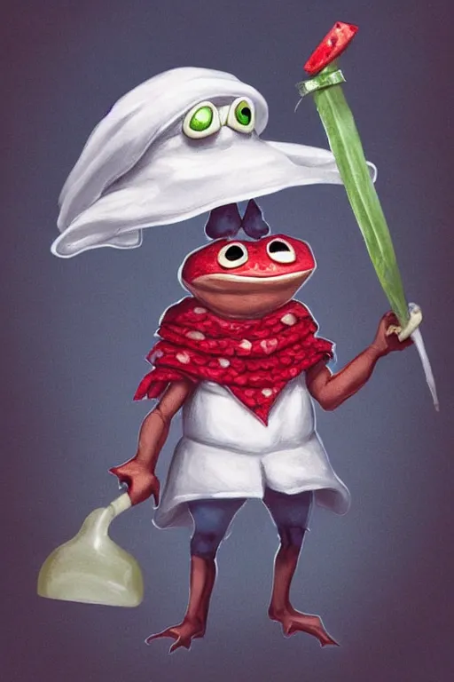 Image similar to cute anthropomorphic frog wearing a white butcher coat with a white butcher hat and holding a cleaver, cutting a wipe red watermellon, tiny, small, miniature frog, baby animal, short, pale blue armor, cute and adorable, pretty, beautiful, DnD character art portrait, matte fantasy painting, cgsociety Artstation, by Jason Felix by Steve Argyle by Tyler Jacobson by Peter Mohrbacher, cinematic lighting
