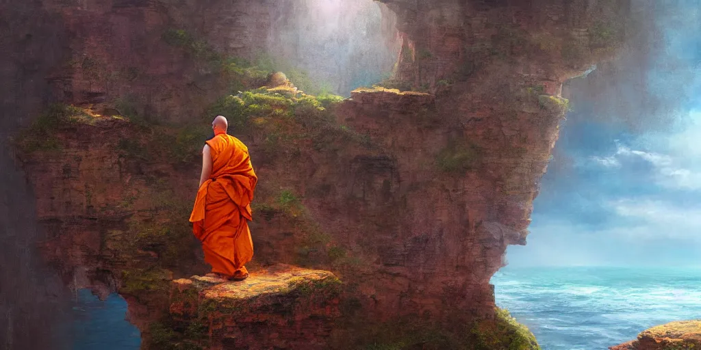 Image similar to A cliff with a narrow ledge looks out onto a vast ocean a monk sits on the ledge in the lotus position, Marc Simonetti, cinematic lighting, detailed oil painting, hyperrealistic, 8k