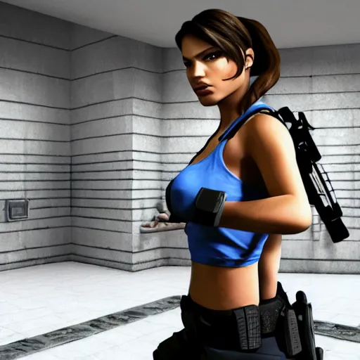 Prompt: lara croft in handcuffs, police station interior,