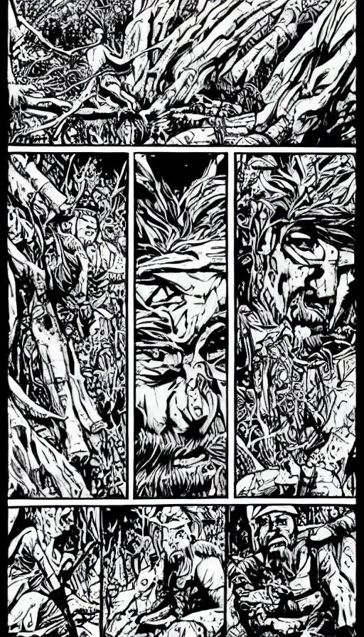 Image similar to multi - panel page from a highly detailed horror comic. a handsome rugged bearded man treks through a rainforest. finds an ancient temple. ink.