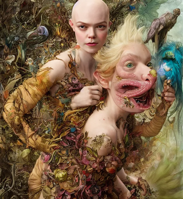 Image similar to a portrait photograph of a bald strong elle fanning as a colorful harpy super hero with slimy scaled skin. she is trying on a amphibian organic dress and transforming into a feathered beast. by tom bagshaw, donato giancola, hans holbein, walton ford, gaston bussiere, peter mohrbacher and brian froud. 8 k, cgsociety