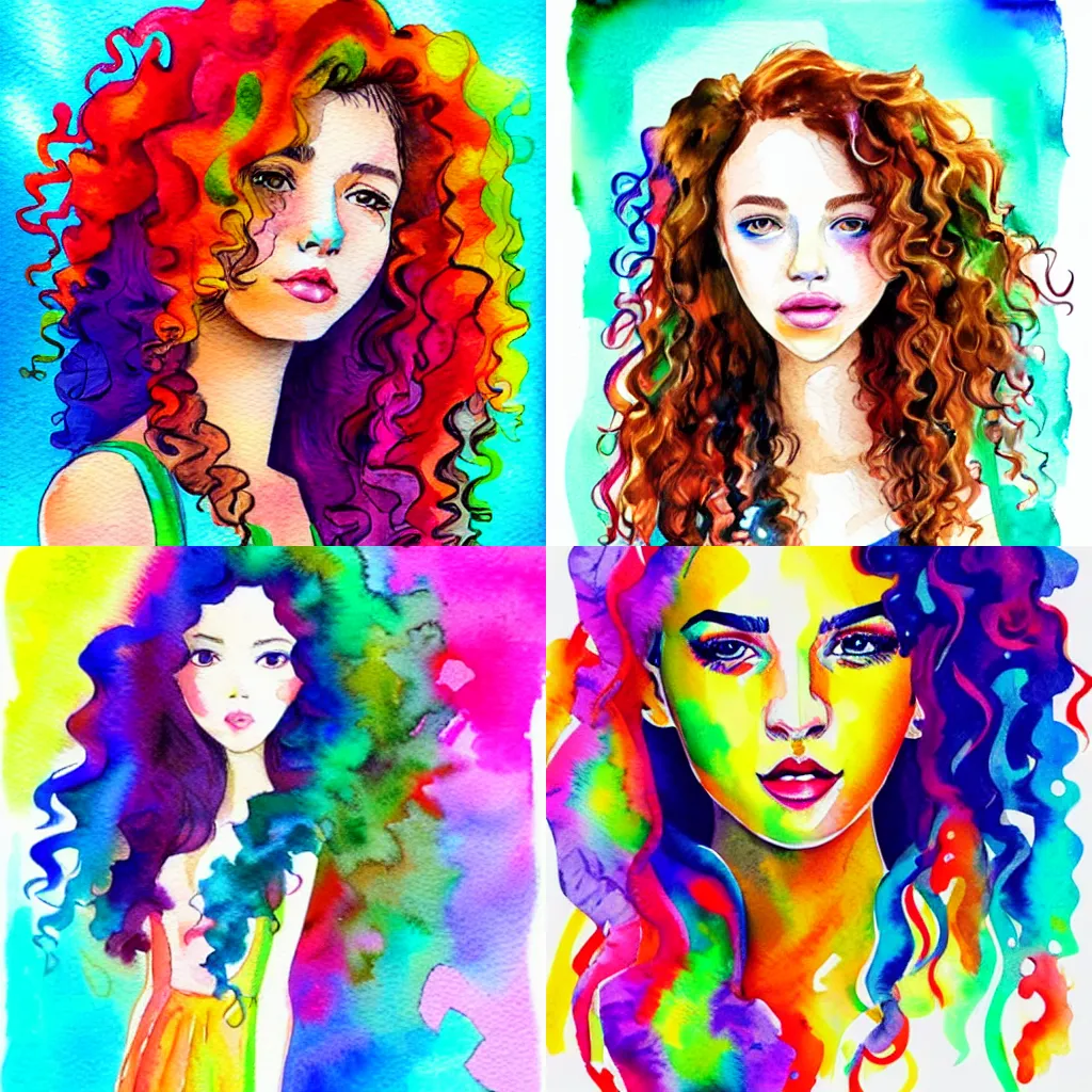 Prompt: beautiful girl with curly hair, watercolor style, colorful, ultra detailed