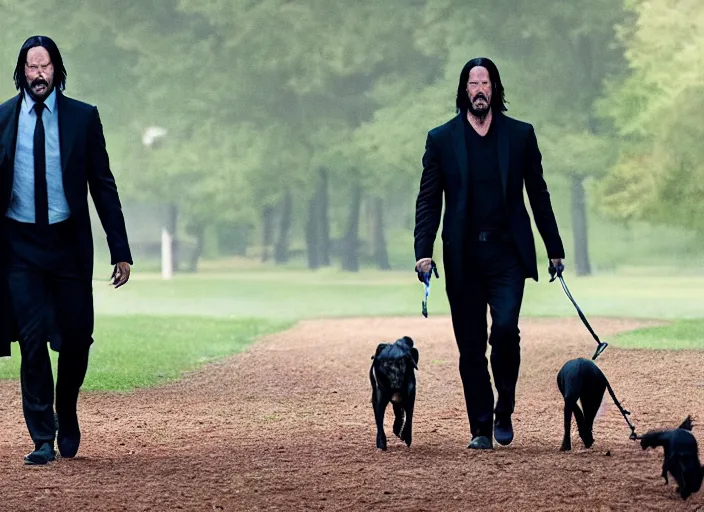 Prompt: film still of john wick played by keanu reeves walking his dog in the park in the new john wick movie, 4 k