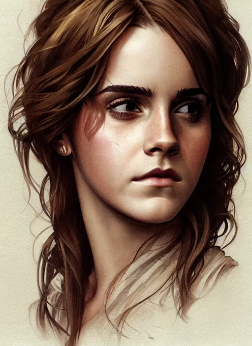 Image similar to emma watson as hermione. beautiful detailed face. by artgerm and greg rutkowski and alphonse mucha