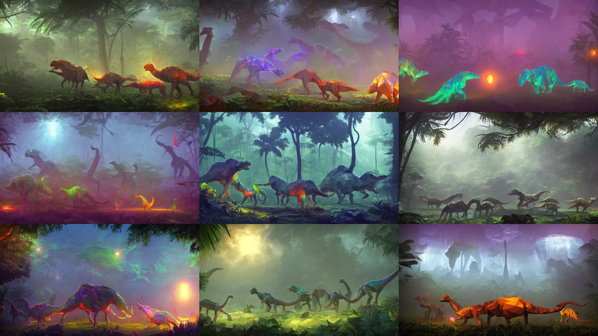 Prompt: holographic low - poly glowing dinosaurs in a foggy jungle, by noah bradley