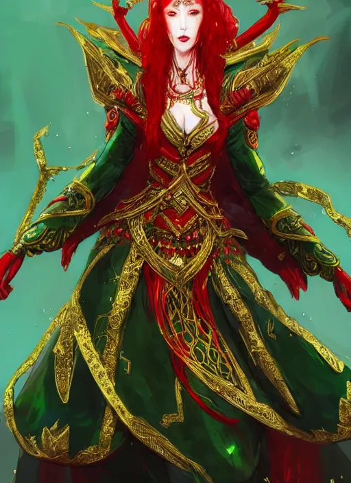 Image similar to Full body portrait of a beautiful red haired elven queen wearing red, green and gold ceremonial queen dress and elaborate golden crown. In style of Yoji Shinkawa and Hyung-tae Kim, trending on ArtStation, dark fantasy, great composition, concept art, highly detailed.