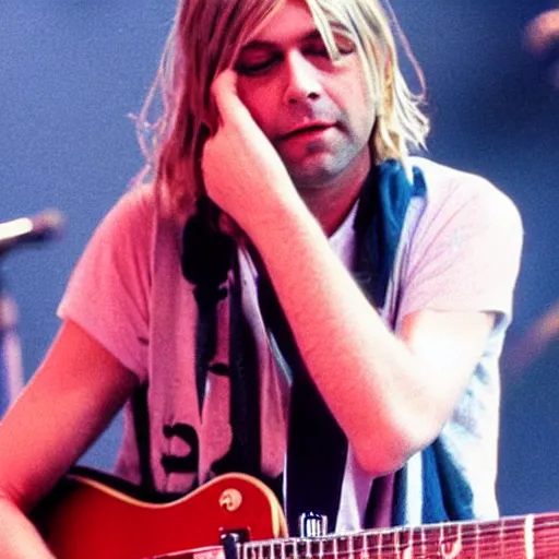 Image similar to Kurt Cobain (Nirvana) on stage at a concert at 52 years old, 2022, alternate reality picture