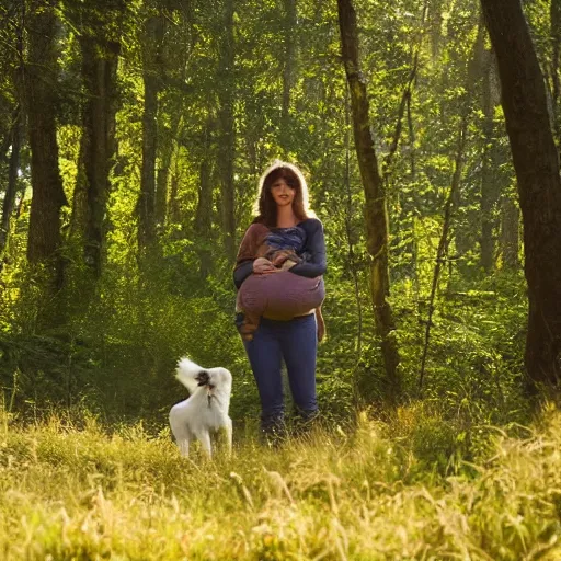 Prompt: a border collie protecting both a human baby and a fledgling who are both in a nest in a forest, beautiful, golden hour, impressionist