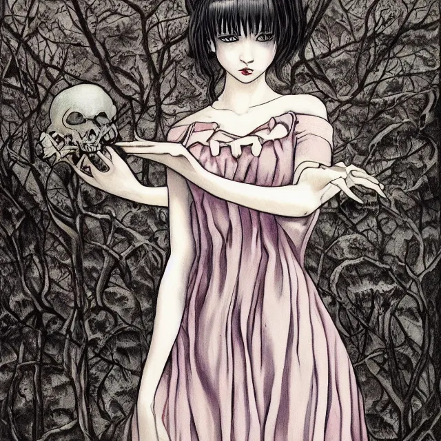 Prompt: a painting of a pale gothic girl in a beautiful dress by junji ito, dark fantasy art, high detail, trending on artstation