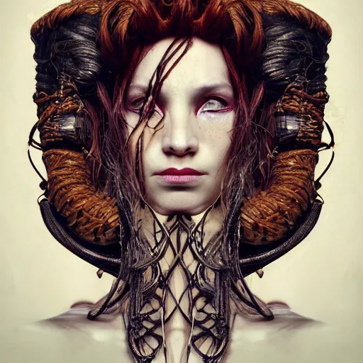 Image similar to portrait of a Shibari rope wrapped face and neck, headshot, insanely nice professional hair style, dramatic hair color, digital painting, of a old 17th century, old cyborg merchant, amber jewels, baroque, ornate clothing, scifi, realistic, hyperdetailed, chiaroscuro, concept art, art by Franz Hals and Jon Foster and Ayami Kojima and Amano and Karol Bak,