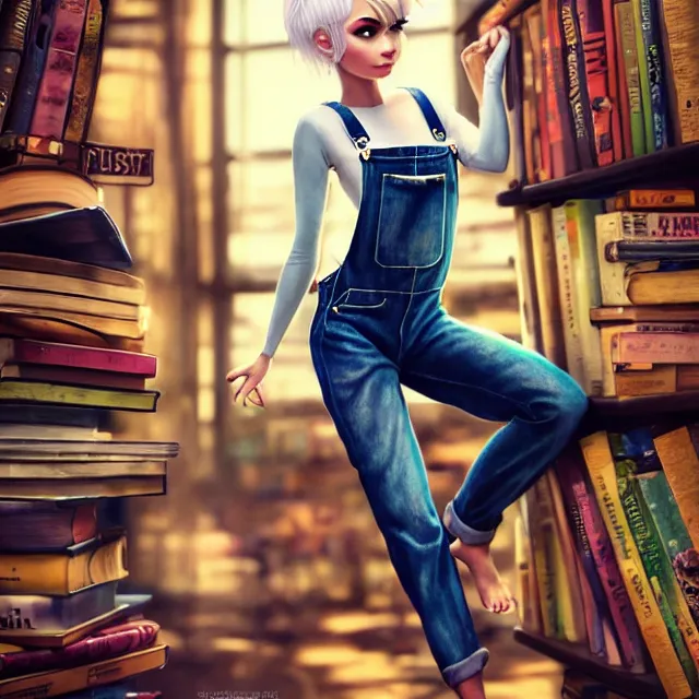 Image similar to full body pose, beautiful adult fairy, pixar, short white hair shaved sides, dirty, grungy, grunge, long sleeve, painted overalls, stacks of giant books, highly detailed, 4 k, hdr, smooth, sharp focus, high resolution, award - winning photo, artgerm, photorealistic