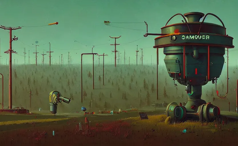 Prompt: by simon stalenhag, dead samovar, high quality details, one point perspective, denoise deep depth of field