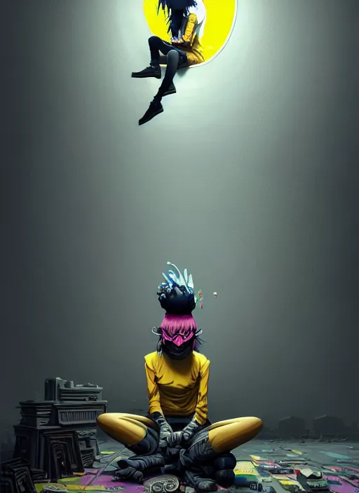 Image similar to highly detailed matte painting, of punk girl sitting on maximalist 3 d calligraphy graffiti tag light eroding grey walls, by atey ghailan, by greg rutkowski, by greg tocchini, by james gilleard, by joe fenton, by kaethe butcher, yellow, brown, black and cyan mystical color scheme, grunge aesthetic, octane render