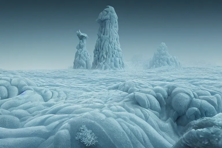 Image similar to a hd render of a surreal frozen landscape, by beeple and zdzisław beksinski