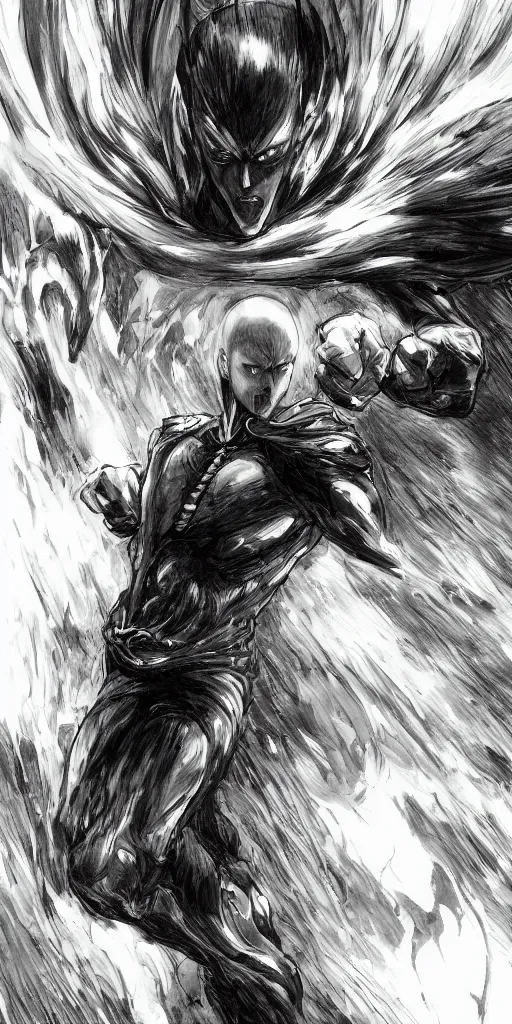 Image similar to concept art of one punch man, full body, dark colors, sinister atmosphere, dramatic lighting, cinematic, establishing shot, extremely high detail, photo realistic, cinematic lighting, pen and ink, intricate line drawings, by Yoshitaka Amano, Ruan Jia, Kentaro Miura, Artgerm, post processed, concept art, artstation, matte painting, style by eddie mendoza, raphael lacoste, alex ross,