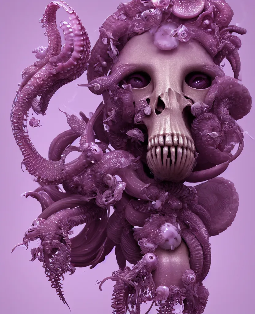 Image similar to goddess princess face close-up portrait ram skull. hard surface modelling zbrush and octane render. jellyfish phoenix head, nautilus, orchid, skull, betta fish, bioluminiscent creatures, intricate artwork by Tooth Wu and wlop and beeple. octane render, trending on artstation, greg rutkowski very coherent symmetrical artwork. cinematic, hyper realism, high detail, octane render, 8k