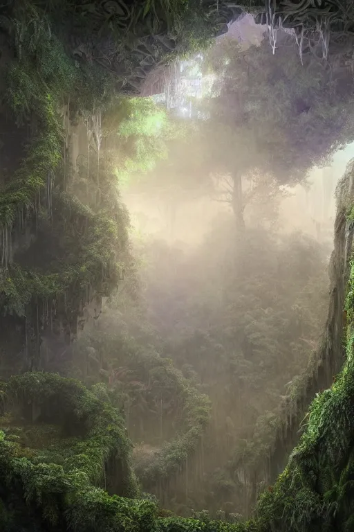 Image similar to ancient fractal temple megastructure in the hanging gardens of a radiant forest jungle, overgrown garden, scanned earth terrain fractal bridges, highly detailed erosion algorithm landscape, by albert bierdstat, by glenn small, high resolution, 8 k photorealism, populated by luminous beings, god rays in volumes of fog, looking up perspective