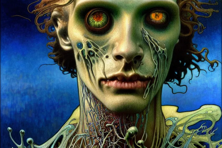 Image similar to realistic detailed portrait painting of a beautiful male zombie, nightly graveyard landscape background by Jean Delville, Amano, Yves Tanguy, Alphonse Mucha, Ernst Haeckel, Edward Robert Hughes, Roger Dean, masterpiece, cinematic composition, dramatic pose, 4k details, rich moody colours, blue eyes