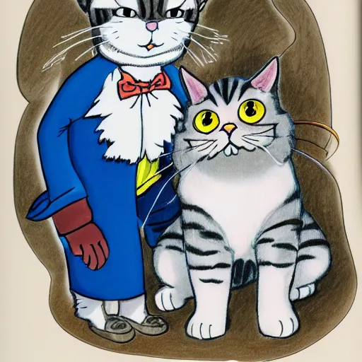 Image similar to person wearing a cat costume, anthropomorphic humanoid cat, extra fluffy Persian tabby cat standing on two feet, drawing by Don Bluth, colored pencil sketch with feathery lines, drawing by Yoshitaka Amano