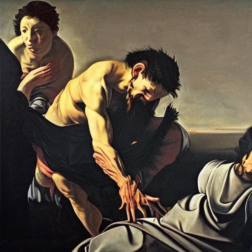 Prompt: menacing presence of the lobotomized god, oil painting, caravaggio - n 9