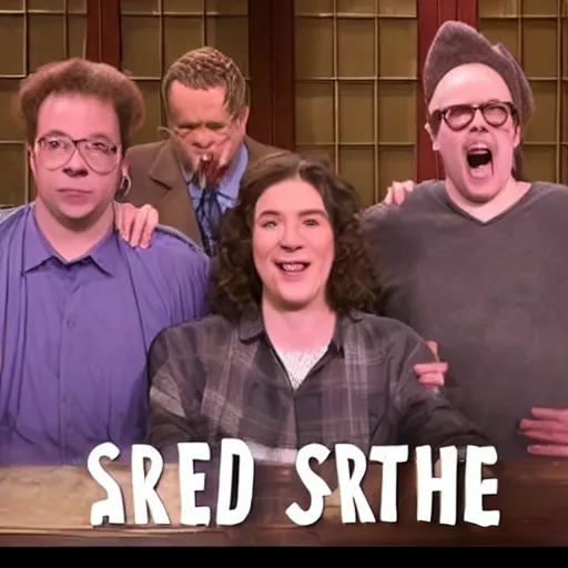 Image similar to a Saturday Night Live sketch starring Fred, Greg, Bob, and Sarah
