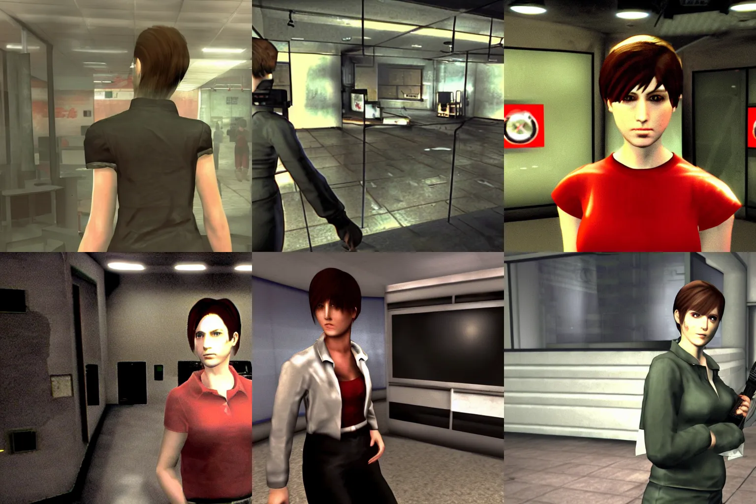 Prompt: Rebecca Chambers from Resident Evil is walking through a TV news studio. dreamcast game Screenshot. dark and scary atmosphere. third person game.