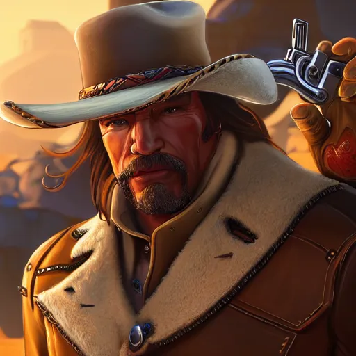 Image similar to a screenshot of arnold schwarzenegger as mccree in overwatch, portrait, fantasy, beautiful face, vivid colors, elegant, concept art, sharp focus, digital art, hyper - realistic, 4 k, unreal engine, highly detailed, hd, dramatic lighting by brom, trending on artstation