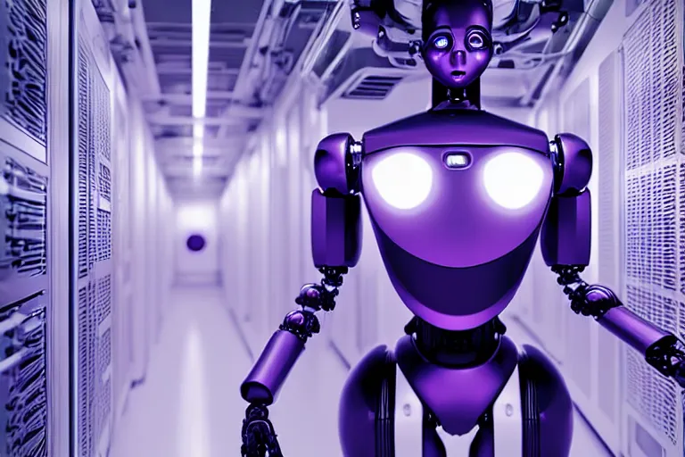 Prompt: hyperrealistic medium shot robot cyborg in data center server by stanley kubrick highly detailed concept art eric zener william gibson cinematic hard purple lighting high angle hd 8 k sharp shallow depth of field