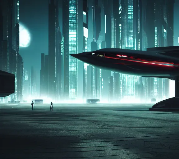 Image similar to futuristic sci fi jet lands at runway of cyberpunk city, night photo ,dark cinematic lighting , digital concept art