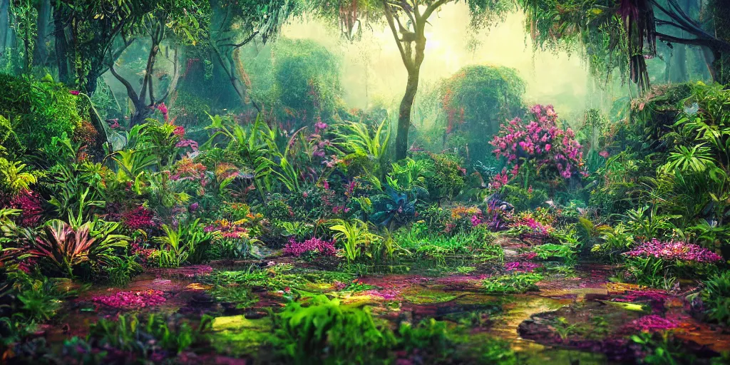 Image similar to An alien jungle, colorful flowers, pathway, reflection, rain, morning light, photorealistic, realistic, depth of field, temple ruins, high definition, soft light, high definition, detailed, 8k, artstation