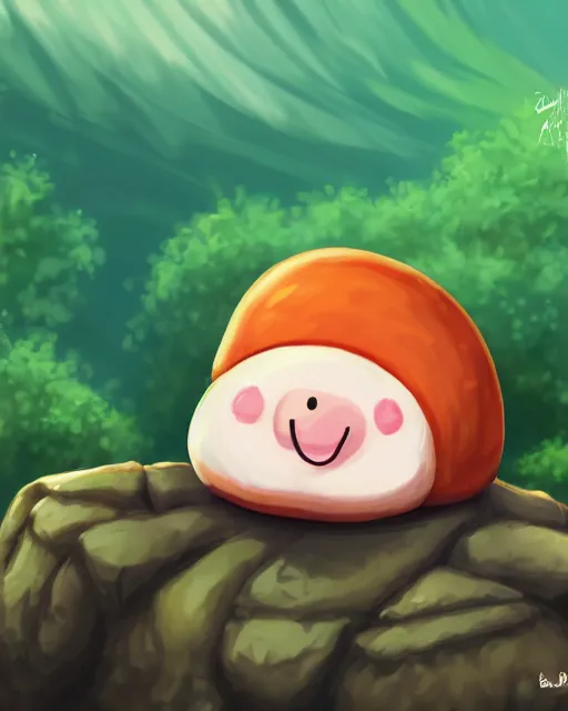 Image similar to digital illustration of a cute mushroom creature, thicc, sitting on a rock in a forest, | | epic - fine - clean, polished, trending on artstation, anime style, brush strokes