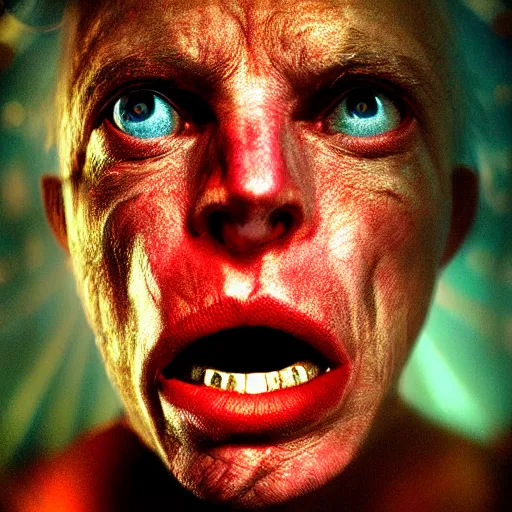 Prompt: portrait of bellringer form lexx by lee jeffries, closed mouth, hyper - detailed, crystal, rainbows, neon, imax, film footage, perfect lighting
