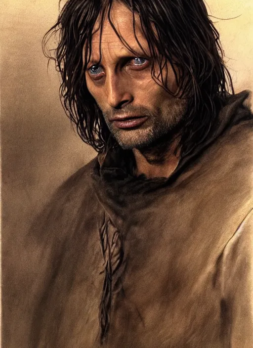 Prompt: Mads Mikkelsen as Aragorn by Alan Lee, medium shot, very detailed eyes, golden hour, concept art, detailed clothing, art station, oil painting