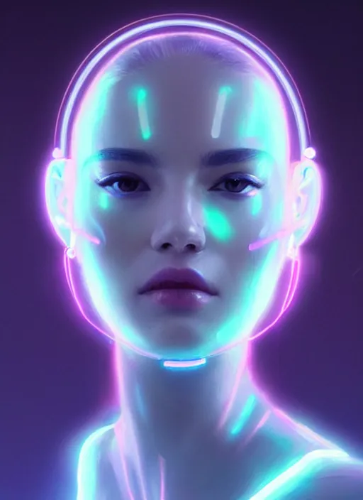 Prompt: a portrait of female humanoid in transparent fashion wear, intricate, elegant, cyber neon lights, highly detailed, digital photography, trending in artstation, glamor pose, concept art, smooth, sharp focus, art by artgerm and greg rutkowski