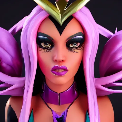 Image similar to still close up of pretty Xayah (LoL) in KDA More music video. 3d render, octane render, game art, realistic, highly detailed, trending on artstation, 4k, trending on artstation, pixar, cgsociety, unreal engine 5, redshift render, trending on artstation, blender, behance, cg