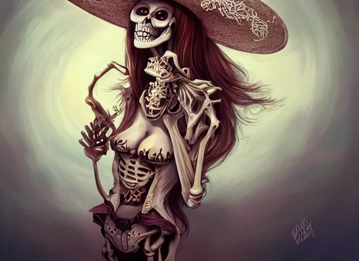 Prompt: cute & beautiful smiling undead skeleton girl wearing a sombrero, digital art, fantasy, painting, pin up, highly detailed, art by artgerm
