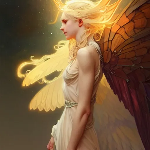 Image similar to A girl with blonde hair, glowing halo, huge highly detailed wings, fantasy, intricate, elegant, highly detailed, digital painting, artstation, concept art, smooth, sharp focus, illustration, art by Krenz Cushart and Artem Demura and alphonse mucha