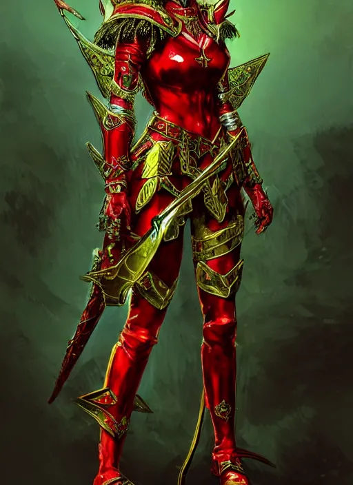 Image similar to Full body portrait of a handsome young red haired elven princess warrior wearing red, green and gold ornate leather armour and golden tiara. In style of Yoji Shinkawa and Hyung-tae Kim, trending on ArtStation, dark fantasy, great composition, concept art, highly detailed.