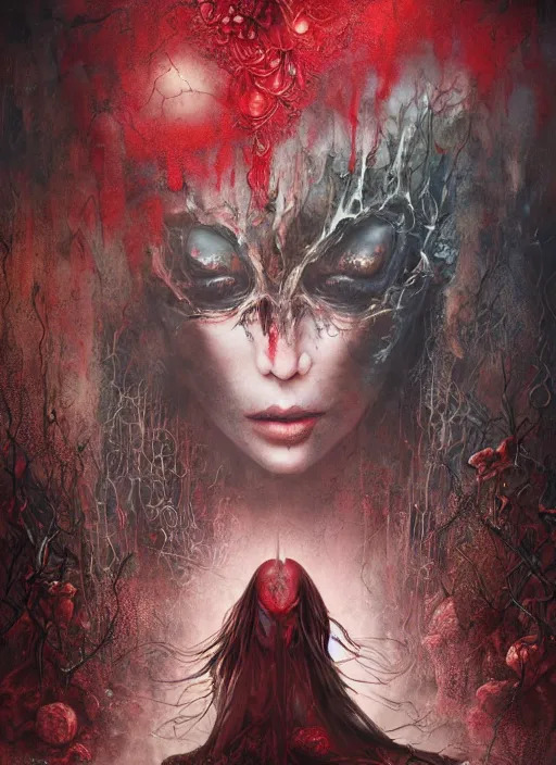 Image similar to the knave of hearts, highly detailed, cinematic, 8 k, by megan duncanson, benjamin lacombe, adrian borda, stanley artgermm, tom bagshaw, craig mullins, carne griffiths, ayami kojima, beksinski, giger, trending on deviantart, hyper detailed, horror, full of colour