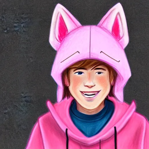 Image similar to a highly detailed portrait drawing of a cute teen boy with pink hair and pink wolf ears, smiling, waring a collar and a hoodie, artstation, fantasy