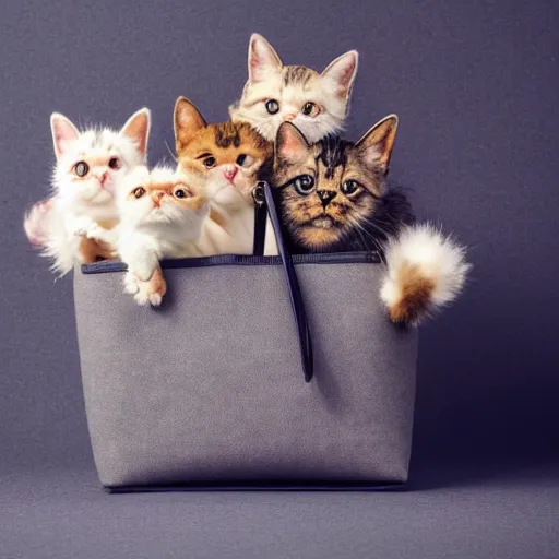 Prompt: lots of furry cute cats inside a big handbag, the handbag is over a wood table, stock photo, gray background, studio lighting, detailed photo, 4 k, 8 k