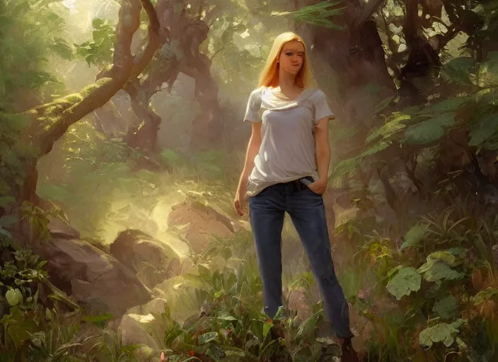 Image similar to a full body portrait of a woman wearing jorts and a tshirt, fantasy forest landscape at day, rule of thirds, digital painting by sargent and leyendecker, fantasy, medium shot, intricate, matte painting, verdant gradient, dynamic lighting, detailed, by greg rutkowski and greg tocchini and james gilleard and joe fenton and greg manchess