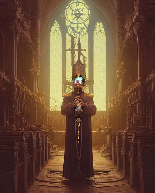 Image similar to highly detailed surreal vfx portrait of a steampunk priest in a steampunk cathedral, stephen bliss, unreal engine, greg rutkowski, loish, rhads, beeple, makoto shinkai and lois van baarle, ilya kuvshinov, rossdraws, tom bagshaw, alphonse mucha, global illumination, detailed and intricate environment