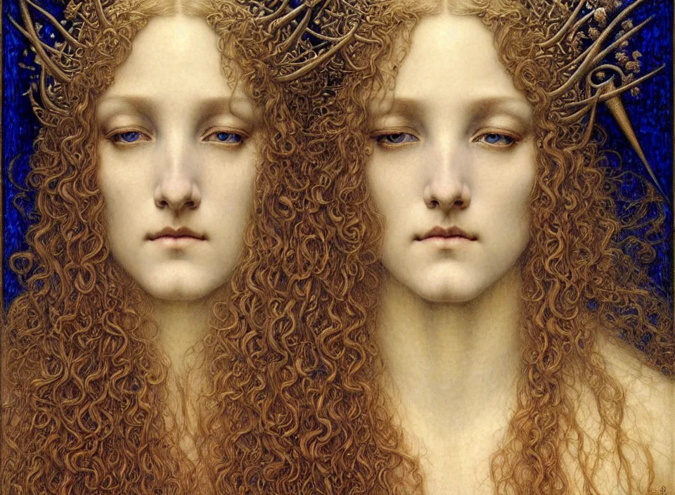 Image similar to detailed realistic beautiful young medieval queen face portrait by jean delville, gustave dore and marco mazzoni, art nouveau, symbolist, visionary, gothic, pre - raphaelite. horizontal symmetry