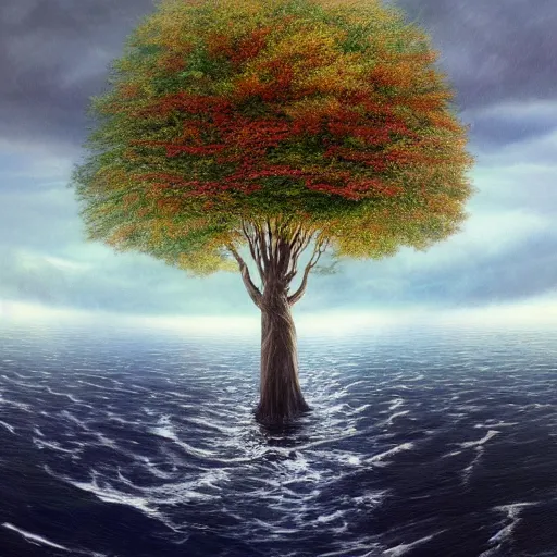 Image similar to a hyperdetailed matte painting of a german romantic tree emerging from an oceanographic landscape, magic realism painting, trending on artstation