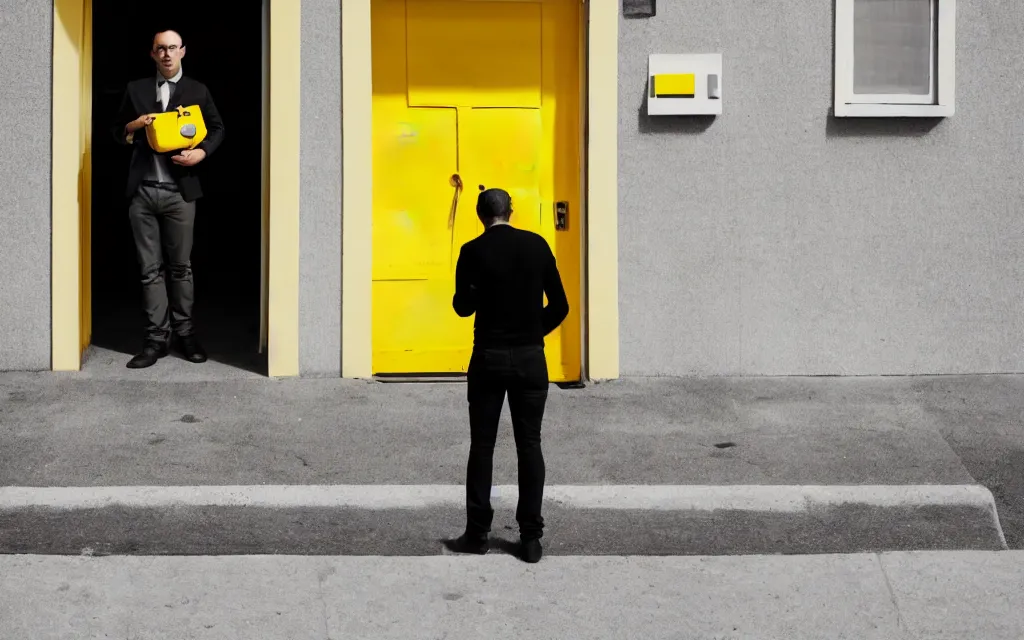 Prompt: a man standing in a doorway holding a yellow and black suitcase