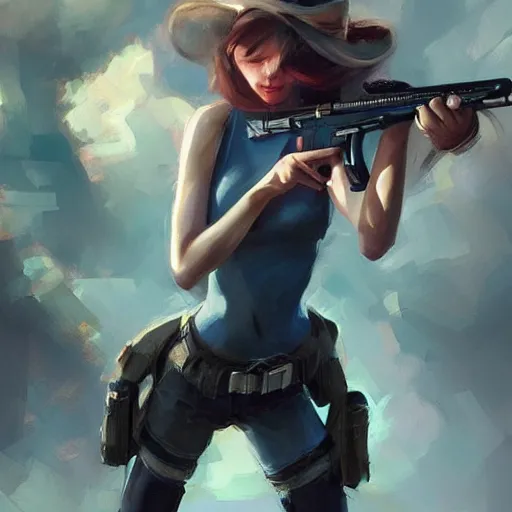 Image similar to beautiful woman with a gun, artstation, wlop, Volegov, highly detailed