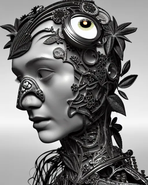 Prompt: monochrome 3 d model, 1 9 4 0 picture, silver floral steampunk biomechanical beautiful young female cyborg with porcelain profile face and a techno eye, volumetric light, leaves foliage and stems, hibiscus flowers, sinuous fine roots, fine foliage lace, alexander mcqueen, rim light, big gothic fashion pearl embroidered collar, octane render, 8 k